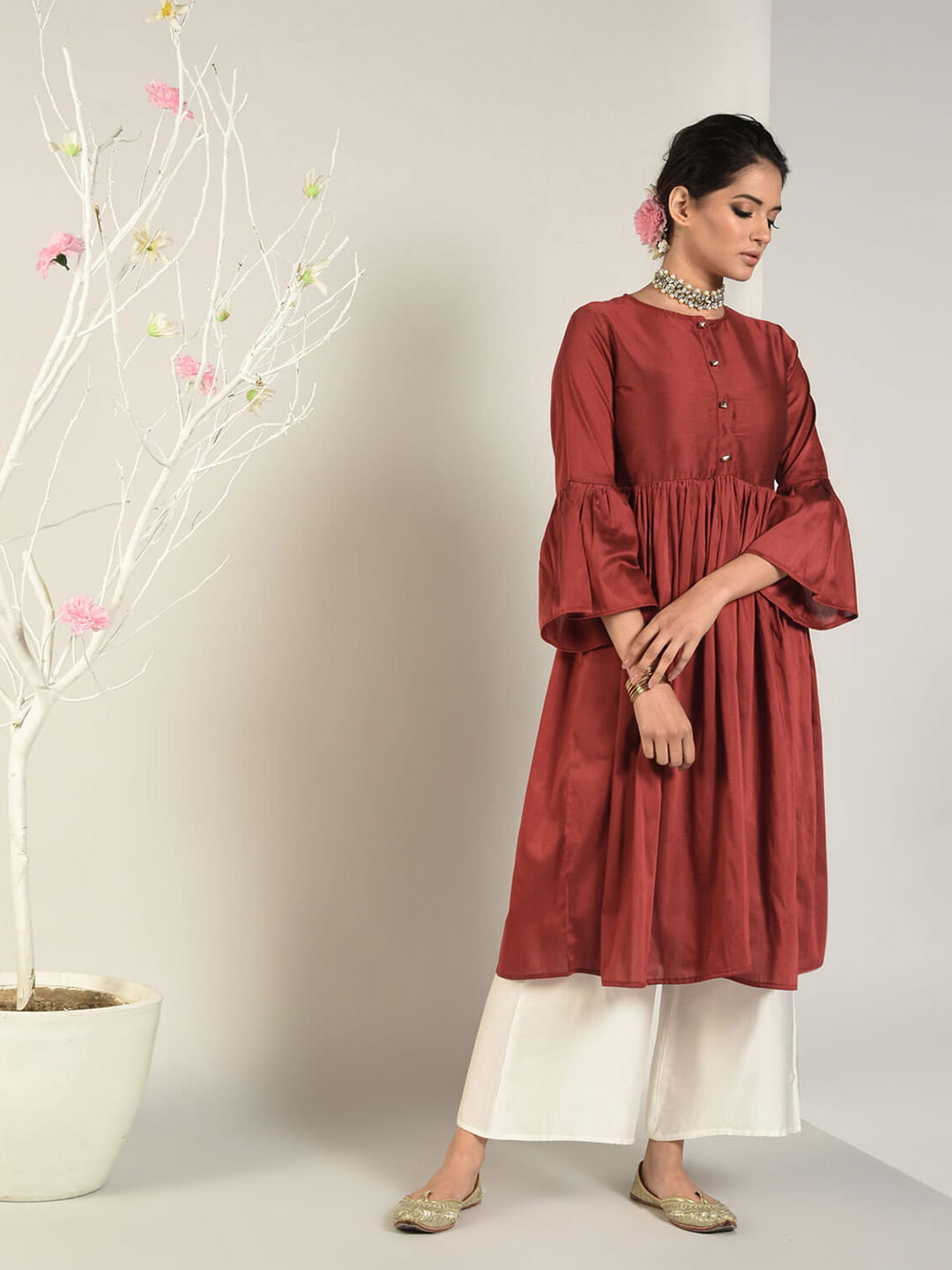 Designer Red and Maroon color Chanderi Silk fabric Kurti : 1835558